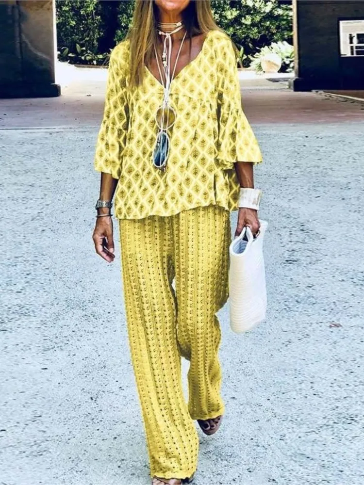 Spring New Fashion Loose Print Two-piece Set Autumn Women Casual V Neck Seven-quarter Sleeve Tops Wide Leg Pant Female Sets
Spring New Fashion Loose Print Two-piece Set Autumn Women Casual V Neck Seven-quarter Sleeve Tops Wide Leg Pant Female Sets