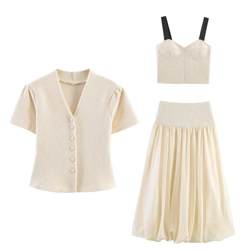 2026 Elegant Women 3Pcs Knit Outfit Set V-Neck Cardigan Crop Top + Camisole + Bubble Skirt Outfits Casual Summer Co-ord Set
2026 Elegant Women 3Pcs Knit Outfit Set V-Neck Cardigan Crop Top + Camisole + Bubble Skirt Outfits Casual Summer Co-ord Set