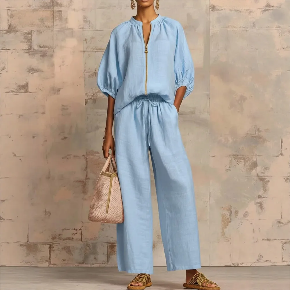 Zippered Round Neck Wide-leg Pants Suit Summer New Women's Casual Loose Solid Color Elastic Band Loose Trousers Two-piece Set
Zippered Round Neck Wide-leg Pants Suit Summer New Women's Casual Loose Solid Color Elastic Band Loose Trousers Two-piece Set