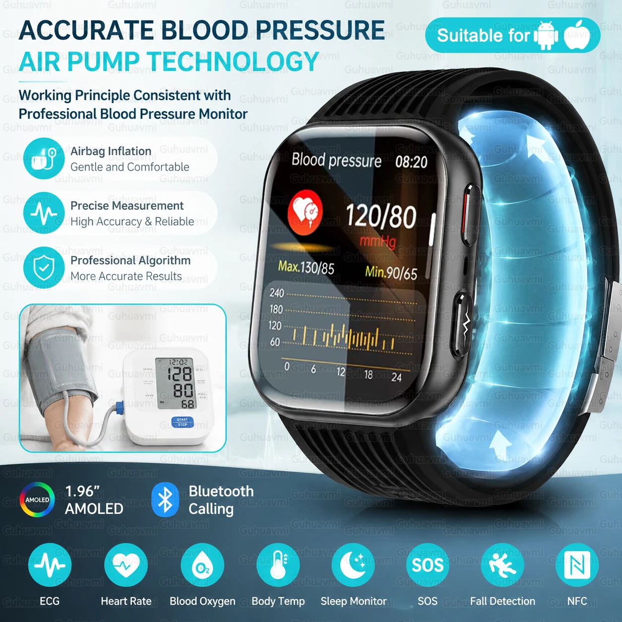 Upgrade Air Pump Blood Pressure Smart Watch Airbag SOS Fall Alert Bluetooth Call NFC 24/7 ECG Fitness Tracker Health Smartwatch
Upgrade Air Pump Blood Pressure Smart Watch Airbag SOS Fall Alert Bluetooth Call NFC 24/7 ECG Fitness Tracker Health Smartwatch