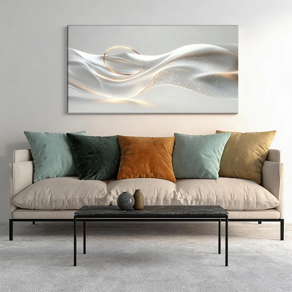 Large-sized solid wood frame canvas painting 1pc Ethereal fabric with gold ring.
Large-sized solid wood frame canvas painting 1pc Ethereal fabric with gold ring.