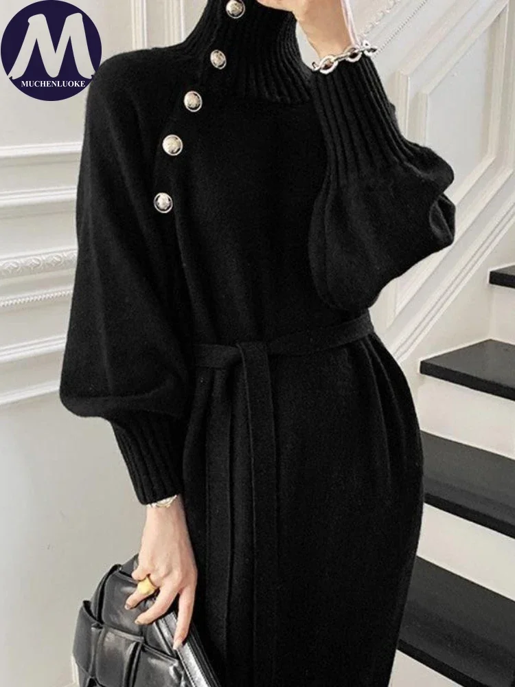 Elegant and Pretty Women's Dresses Autumn/Winter New High Collar Lace Up Knitted Sweater Dress Korean Fashion Slim Fit Dresses
Elegant and Pretty Women's Dresses Autumn/Winter New High Collar Lace Up Knitted Sweater Dress Korean Fashion Slim Fit Dresses