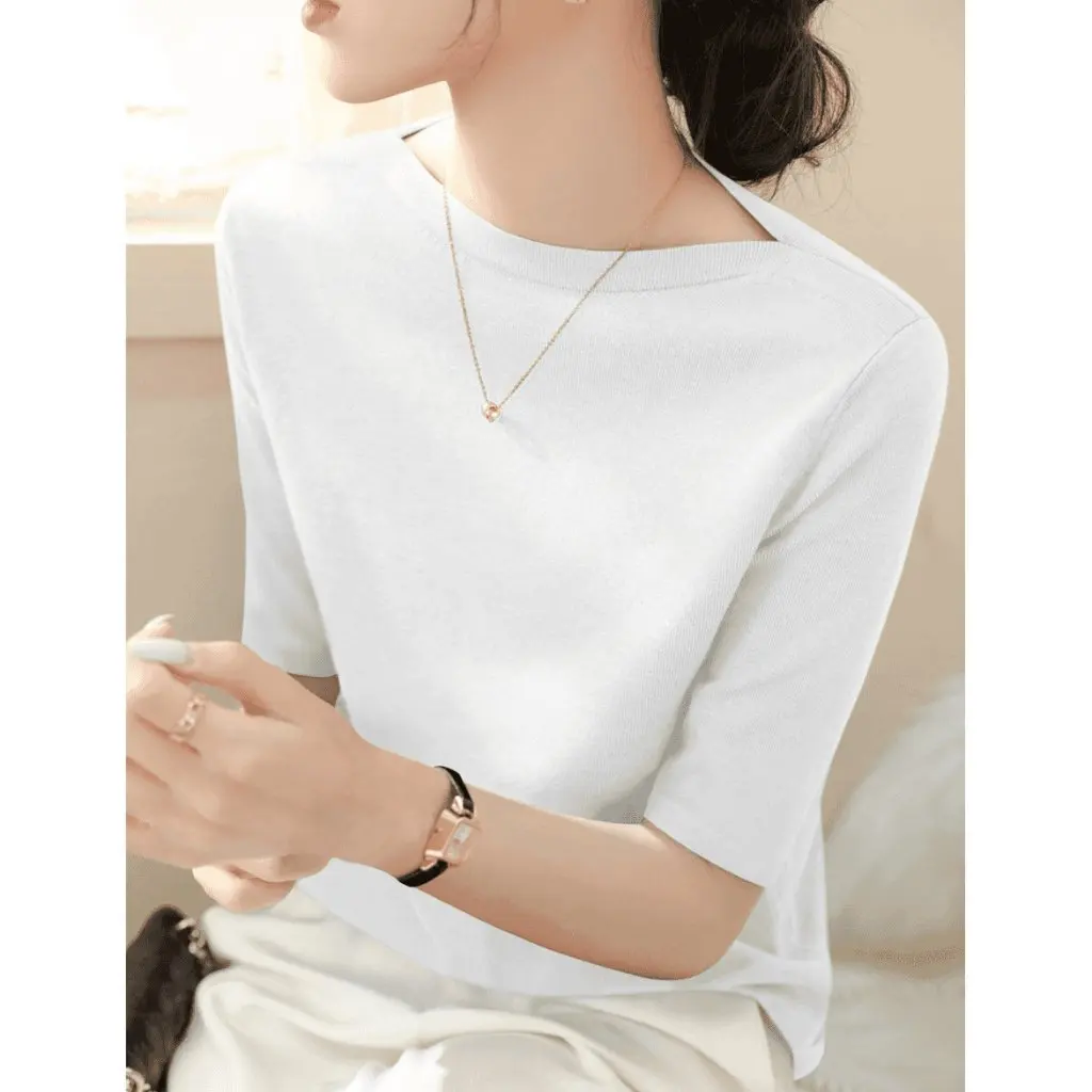 Women's Short-Sleeved Pullover Worsted Knitwear Summer Fashion One-Line Collar Loose All-Match Mid-Sleeve Top
Women's Short-Sleeved Pullover Worsted Knitwear Summer Fashion One-Line Collar Loose All-Match Mid-Sleeve Top
