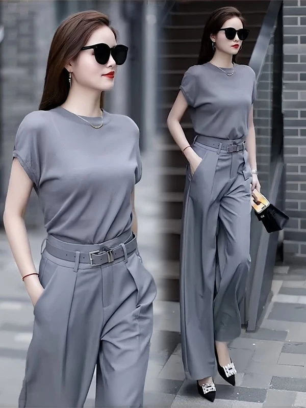 Gray Professional Women's Summer Fashion Set T-Shirt Wide Leg Pants Two-Piece Pure Color Casual Style High Waist Pants
Gray Professional Women's Summer Fashion Set T-Shirt Wide Leg Pants Two-Piece Pure Color Casual Style High Waist Pants