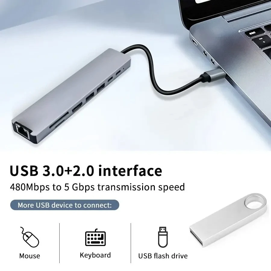 USB C Hub 8 In 1 Type C 3.1 To 4K HDMI Adapter with RJ45 SD/TF Card Reader PD Fast Charge for MacBook Notebook Laptop Computer
USB C Hub 8 In 1 Type C 3.1 To 4K HDMI Adapter with RJ45 SD/TF Card Reader PD Fast Charge for MacBook Notebook Laptop Computer