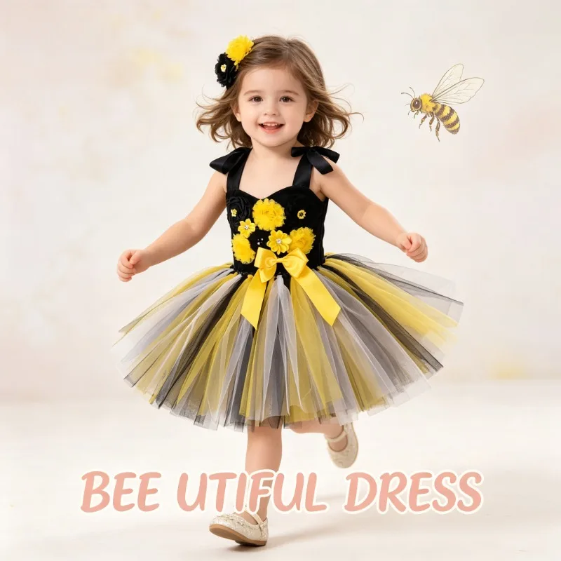 Children's bee-themed tutu dress, featuring soft tulle and a fluffy skirt, ideal for Halloween stage performances and party wear
Children's bee-themed tutu dress, featuring soft tulle and a fluffy skirt, ideal for Halloween stage performances and party wear
