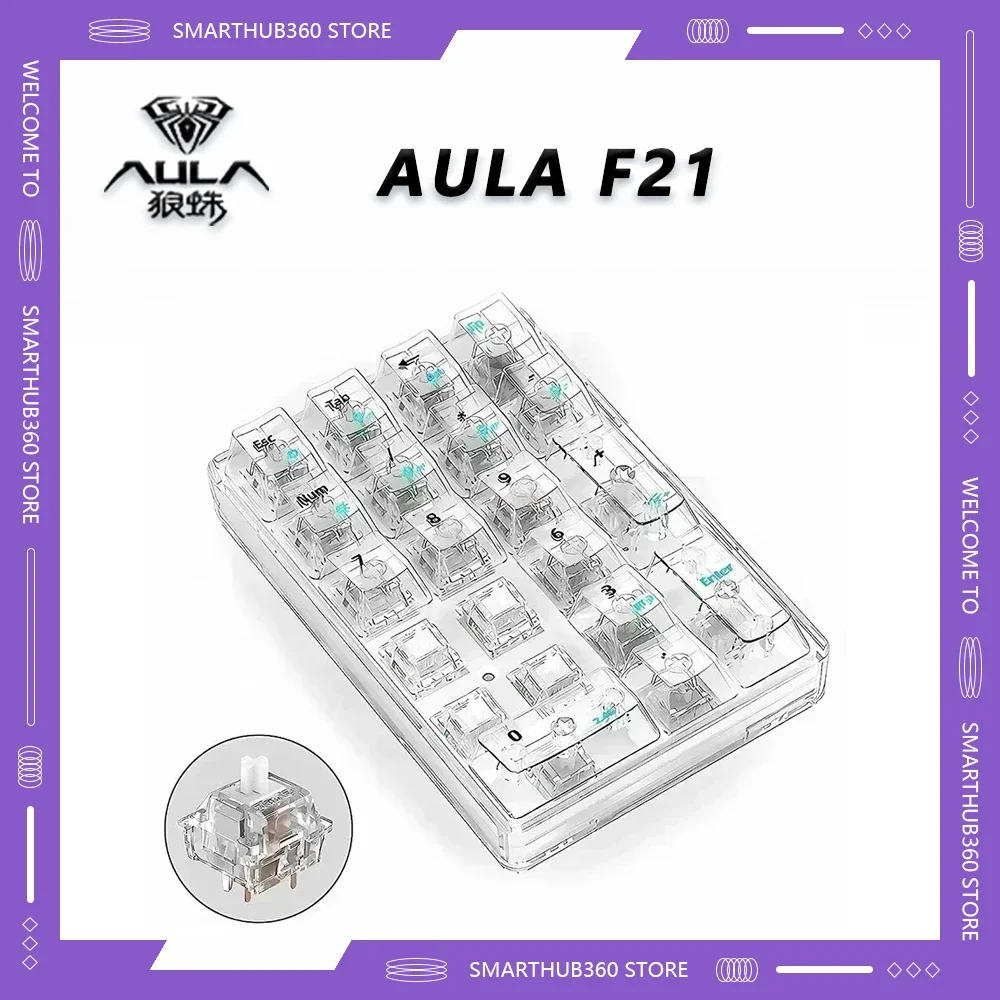 Aula F21 Прозрачная цифровая клавиатура, трехрежимная, долговечная клавиатура, игровой ПК, на заказ, 21 клавиша, RGB, горячая замена, беспроводная связь, Bluetooth