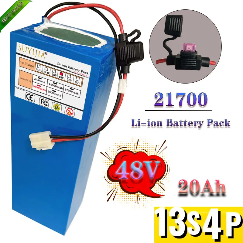 48V/54.6v 20000mAh 13s4p 21700 High Power Rechargeable Lithium Battery Built-in 30A Protection BMS + 54.6V 2A Charger
48V/54.6v 20000mAh 13s4p 21700 High Power Rechargeable Lithium Battery Built-in 30A Protection BMS + 54.6V 2A Charger