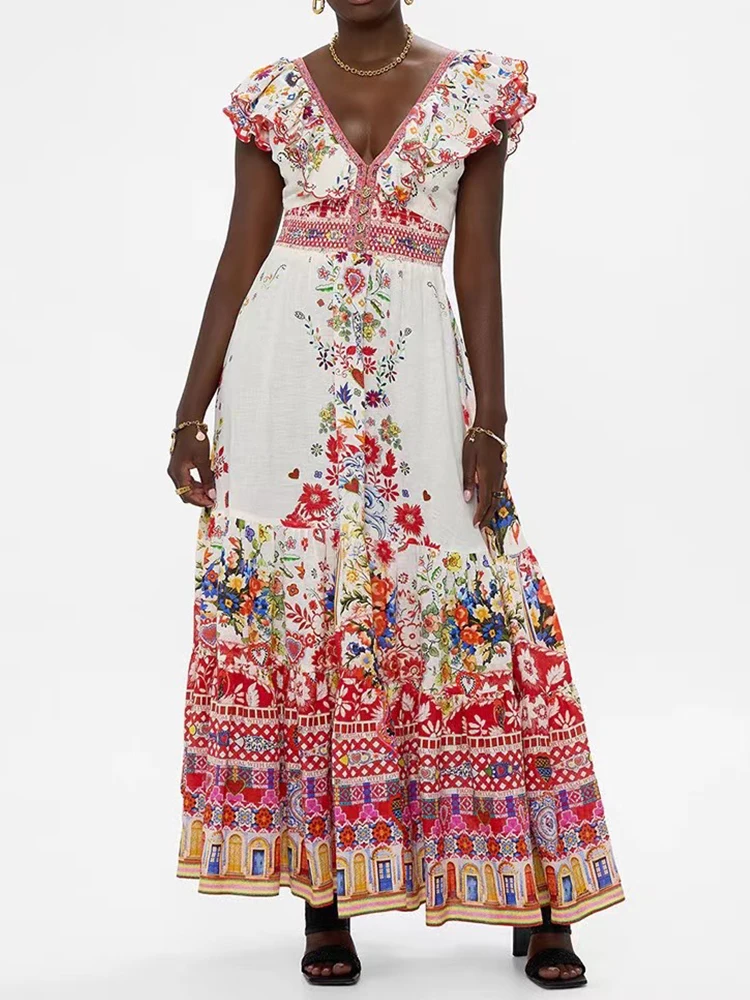 Vintage geometric print fly-sleeve V-neck lace up waist dress 2025 Summer women's dress high waist loose A-line pommel skirt
Vintage geometric print fly-sleeve V-neck lace up waist dress 2025 Summer women's dress high waist loose A-line pommel skirt