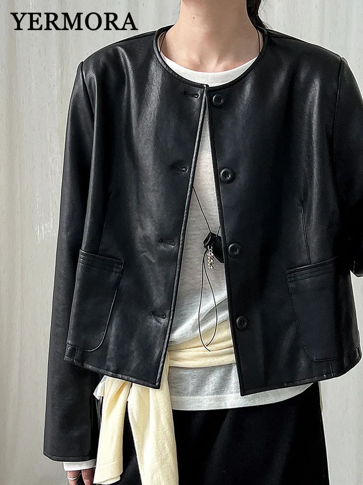 YERMORA Черная короткая повседневная куртка из искусственной кожи на пуговицах для женщин, свободное новое пальто с круглым вырезом и длинными рукавами, модное пальто, весна-осень 2025
YERMORA Черная короткая повседневная куртка из искусственной кожи на пуговицах для женщин, свободное новое пальто с круглым вырезом и длинными рукавами, модное пальто, весна-осень 2025