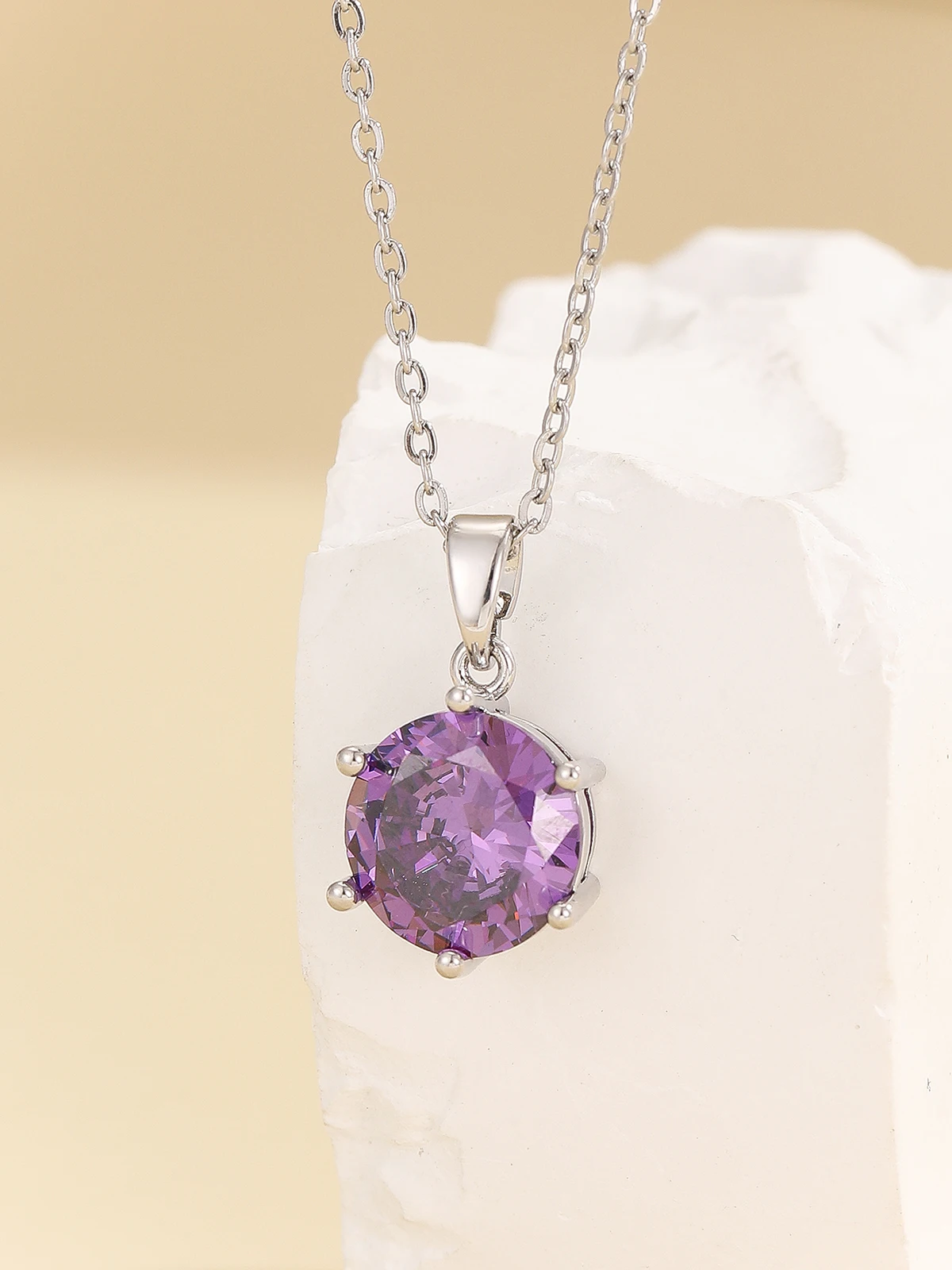 Fashion new style silver plated stainless steel chain round purple zircon pendant necklace jewelry for women and girls
Fashion new style silver plated stainless steel chain round purple zircon pendant necklace jewelry for women and girls