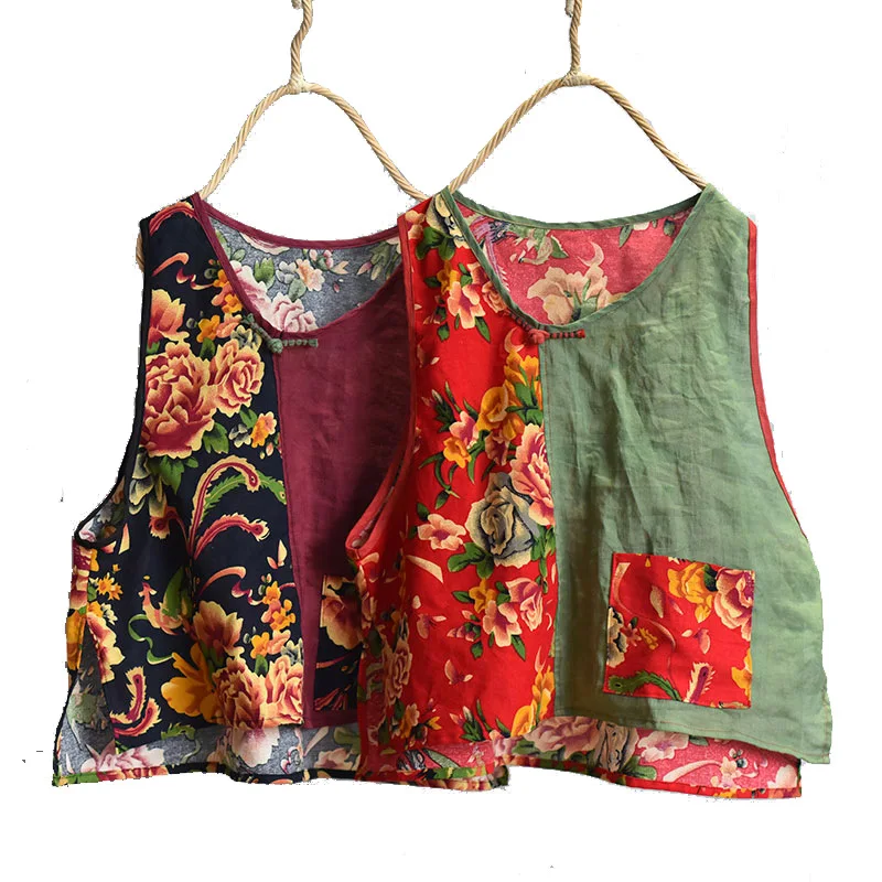 Loose Thin Cotton Sleeveless Vest Women Summer Chinese Style Vintage O-neck Patchwork Pocket Floral Printed Tanks Tops
Loose Thin Cotton Sleeveless Vest Women Summer Chinese Style Vintage O-neck Patchwork Pocket Floral Printed Tanks Tops