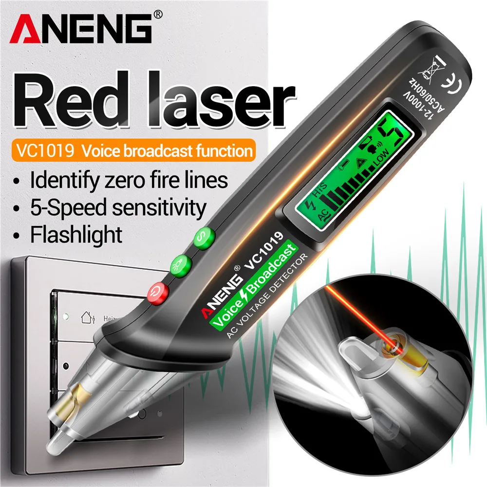 Red Laser Voice Broadcast Function Tester Pen Electric ANENG VC1019 12~1000V AC Voltage Smart Portable Mini Wire Detector Tools
Red Laser Voice Broadcast Function Tester Pen Electric ANENG VC1019 12~1000V AC Voltage Smart Portable Mini Wire Detector Tools