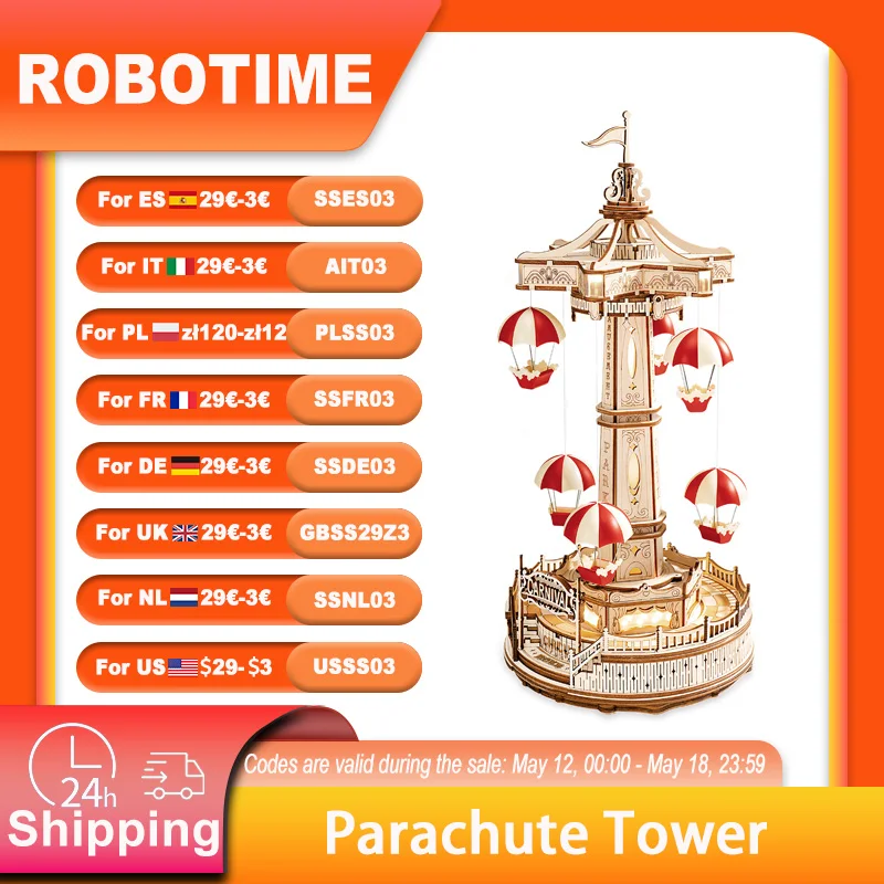 Robotime ROKR Parachute Tower DIY Music Box Moveable Magic Amusement Park For Kids Birthday Xmas Gifts 3D Wooden Puzzle
Robotime ROKR Parachute Tower DIY Music Box Moveable Magic Amusement Park For Kids Birthday Xmas Gifts 3D Wooden Puzzle