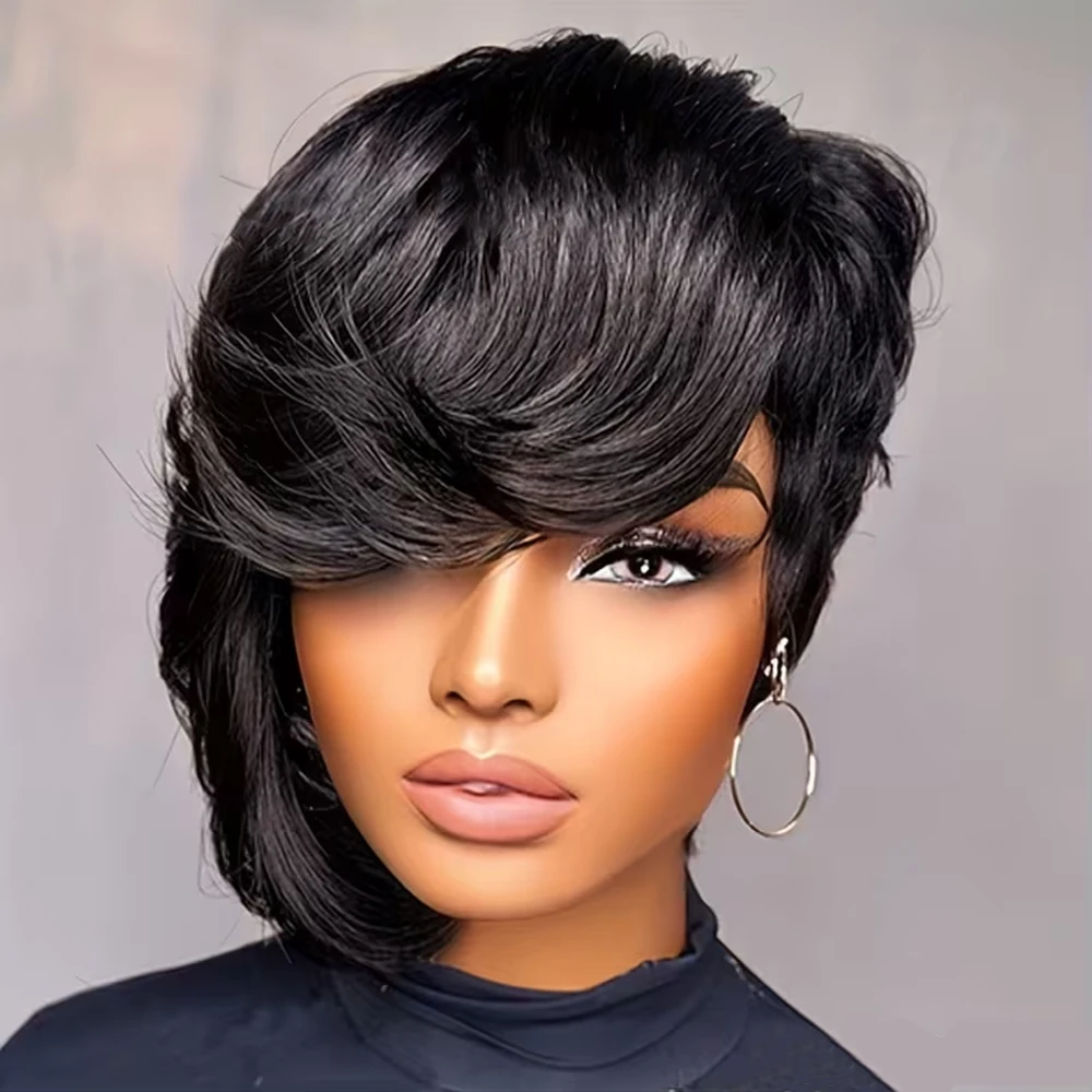 Короткие парики в стиле пикси из натуральных человеческих волос с челкой сбоку, многослойные, машинного плетения, натурального черного цвета для женщин
Короткие парики в стиле пикси из натуральных человеческих волос с челкой сбоку, многослойные, машинного плетения, натурального черного цвета для женщин