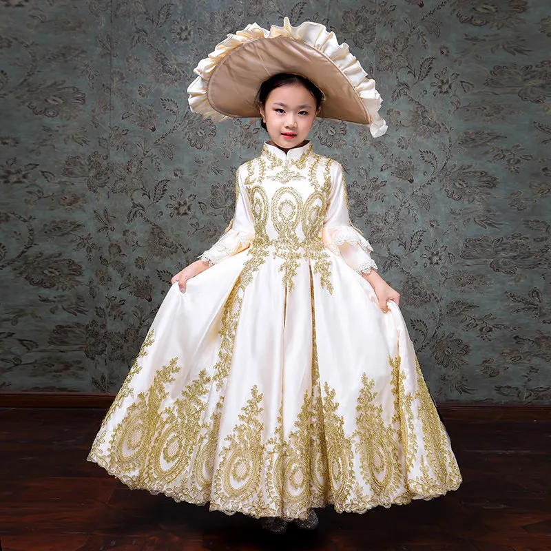 Flower Girl Dress Satin Fluffy Ball Dresses Long Sleeve Golden Lace Appliques Banquet Gowns With hat Purim Carnival Dress
Flower Girl Dress Satin Fluffy Ball Dresses Long Sleeve Golden Lace Appliques Banquet Gowns With hat Purim Carnival Dress