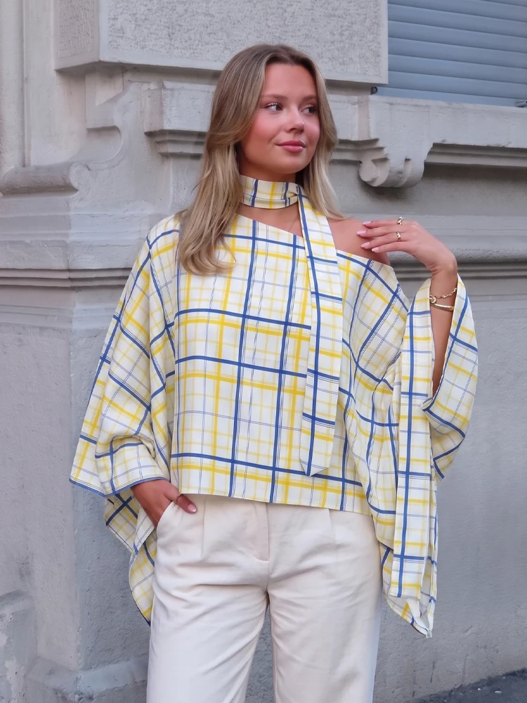 HH Women Vintage Plaid Scarf Collar Shirt Fashion Loose Translucent Thin Bat Sleeve Off Shoulder Top 2026 Summer Chic Street Top
HH Women Vintage Plaid Scarf Collar Shirt Fashion Loose Translucent Thin Bat Sleeve Off Shoulder Top 2026 Summer Chic Street Top
