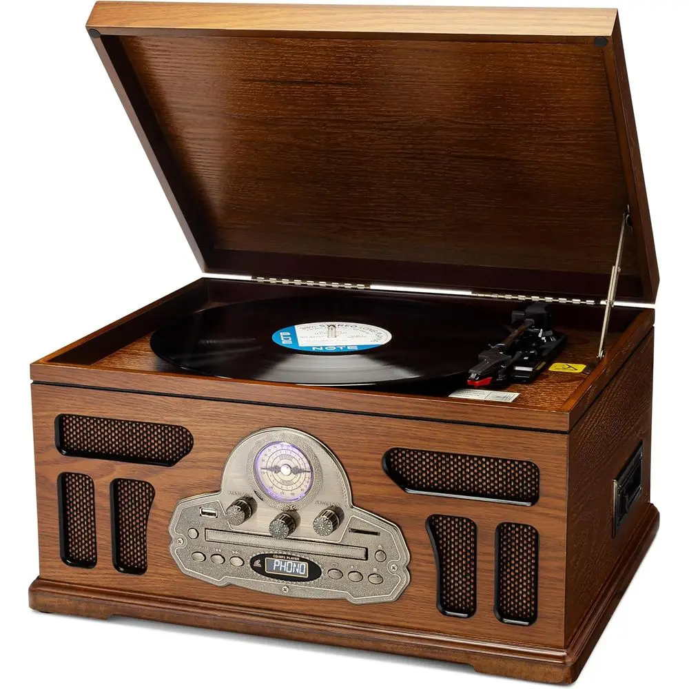 3-Speed Wooden Record Player with Bluetooth, CD, Cassette, AM/FM Radio, USB & Built-in Speakers
3-Speed Wooden Record Player with Bluetooth, CD, Cassette, AM/FM Radio, USB & Built-in Speakers