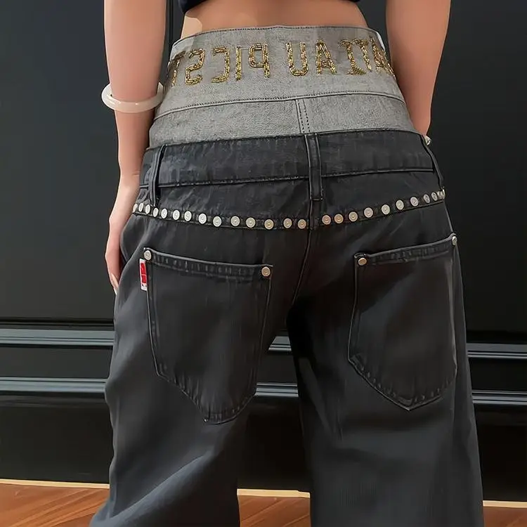 American Retro Double Waist Rivet Splicing Jeans Women's New Hot Girls Hot Stamping Letters Versatile Floor-Mopping Pants
American Retro Double Waist Rivet Splicing Jeans Women's New Hot Girls Hot Stamping Letters Versatile Floor-Mopping Pants
