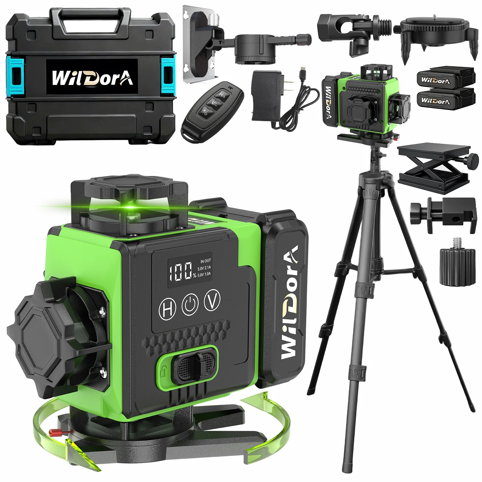 Wildora Laser Level 360 Self Leveling with Tripod, Remote Control 4D Green 16 Line Laser Leveler Tool with 2x4800mAh Li-ion Batt
Wildora Laser Level 360 Self Leveling with Tripod, Remote Control 4D Green 16 Line Laser Leveler Tool with 2x4800mAh Li-ion Batt