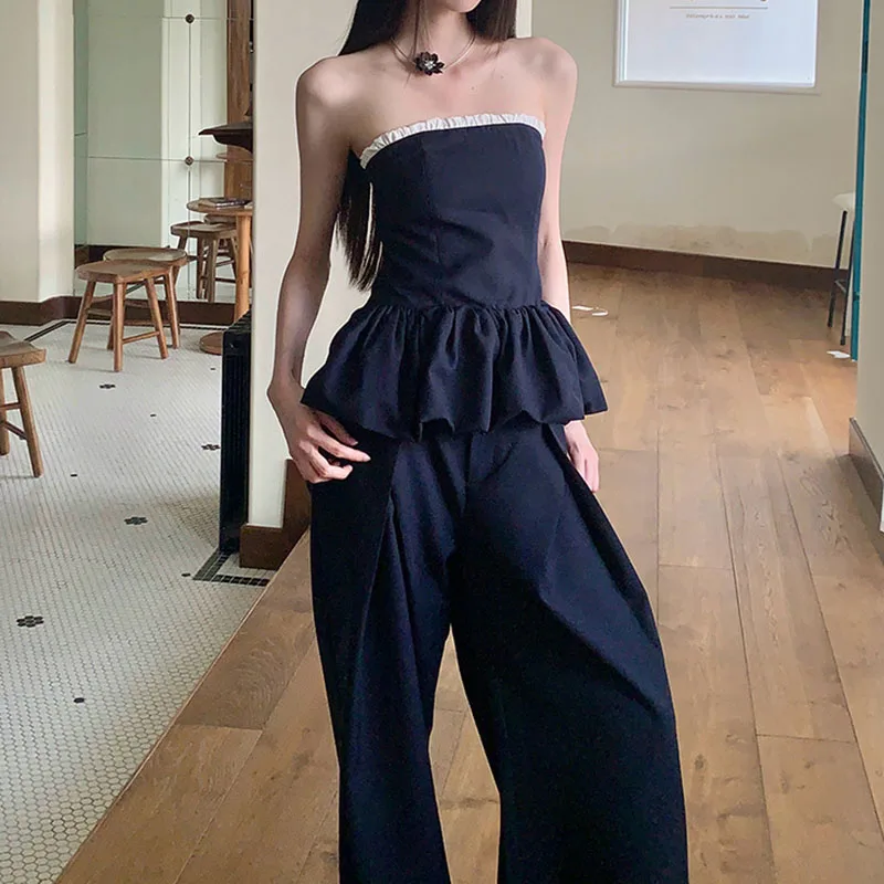 Women Set Color Blocking Pleats Ruffle Edge Strapless Top Loose Casual Wide Leg Pants Daily Versatile Stylish Two Piece Set
Women Set Color Blocking Pleats Ruffle Edge Strapless Top Loose Casual Wide Leg Pants Daily Versatile Stylish Two Piece Set