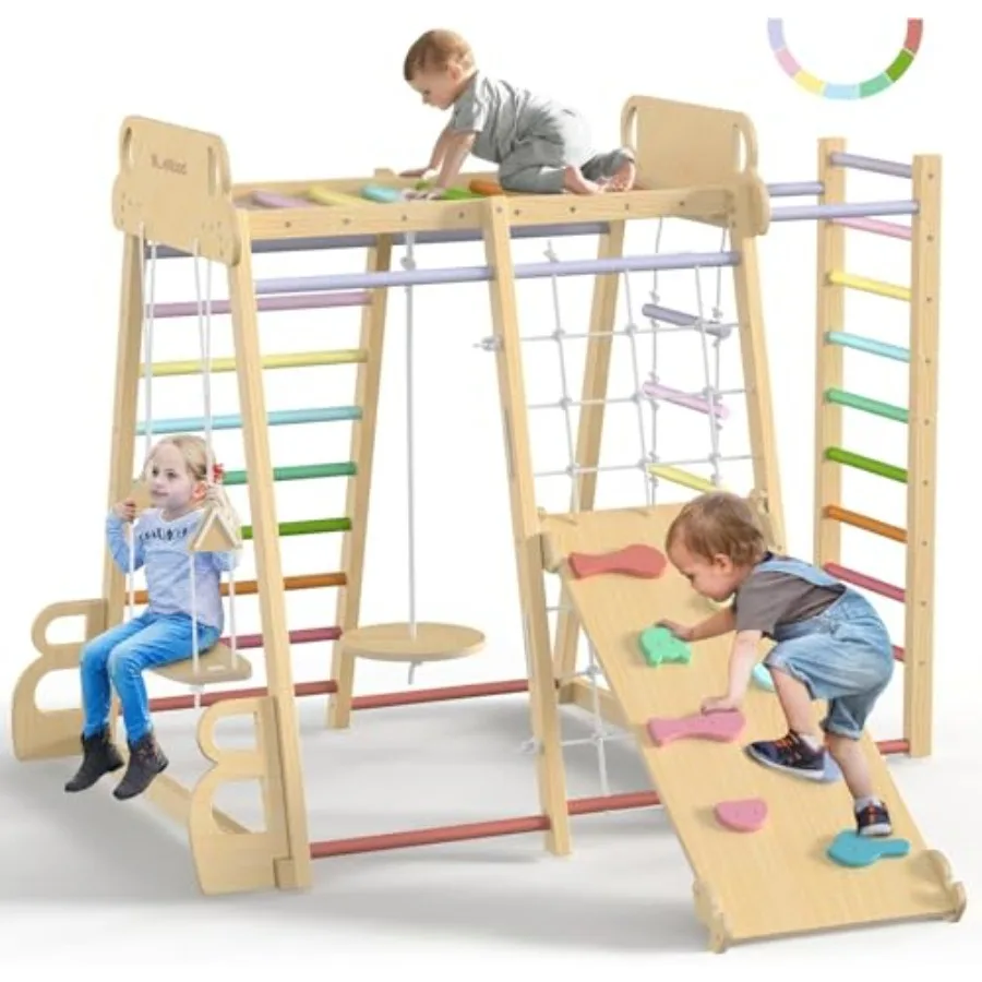 Indoor jungle gym for kids: walnut-finished wood, natural beige and sky blue, 9-in-1 multifunctional climber with slide, swing,
Indoor jungle gym for kids: walnut-finished wood, natural beige and sky blue, 9-in-1 multifunctional climber with slide, swing,