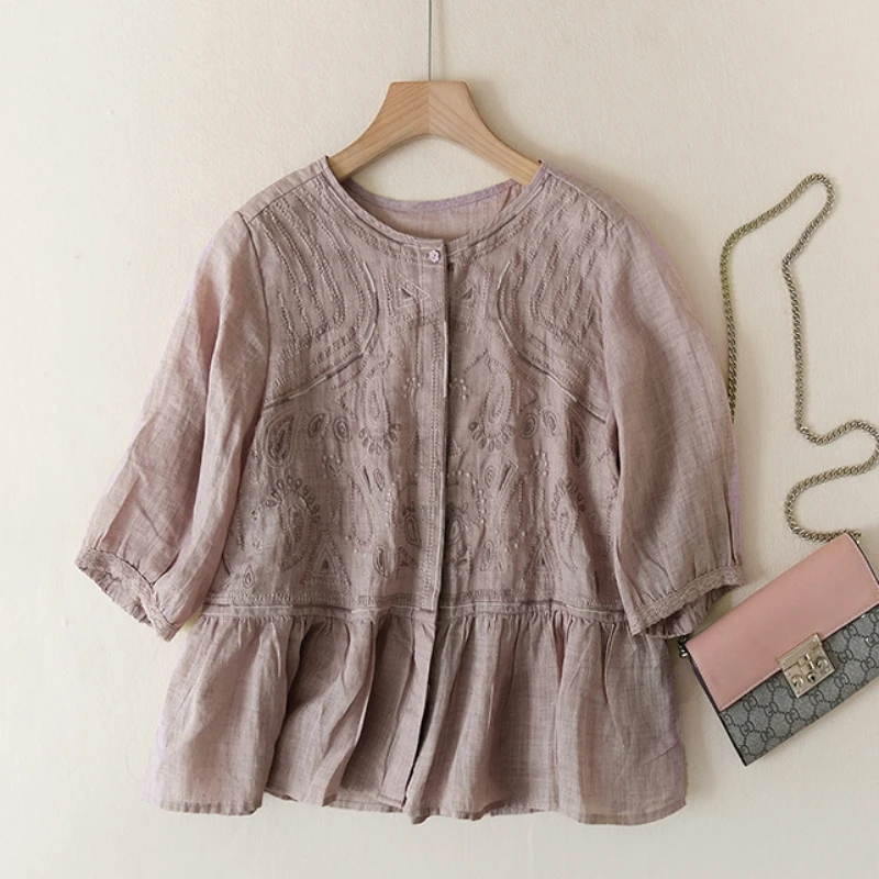 Vintage Women's Shirts Summer Embroidery Chinese Style Blouses Loose Fit Short Sleeve Clothing Cotton Linen Women Tops
Vintage Women's Shirts Summer Embroidery Chinese Style Blouses Loose Fit Short Sleeve Clothing Cotton Linen Women Tops