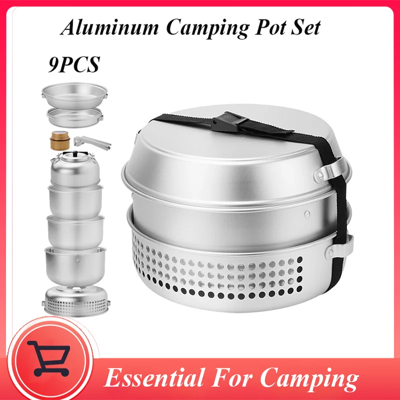 Aluminum Camping Pot Set 9pcs Windproof Folding Cookset Camping Kitchen Cooking Teapot Pans Frying Steaming Household Pot
Aluminum Camping Pot Set 9pcs Windproof Folding Cookset Camping Kitchen Cooking Teapot Pans Frying Steaming Household Pot
