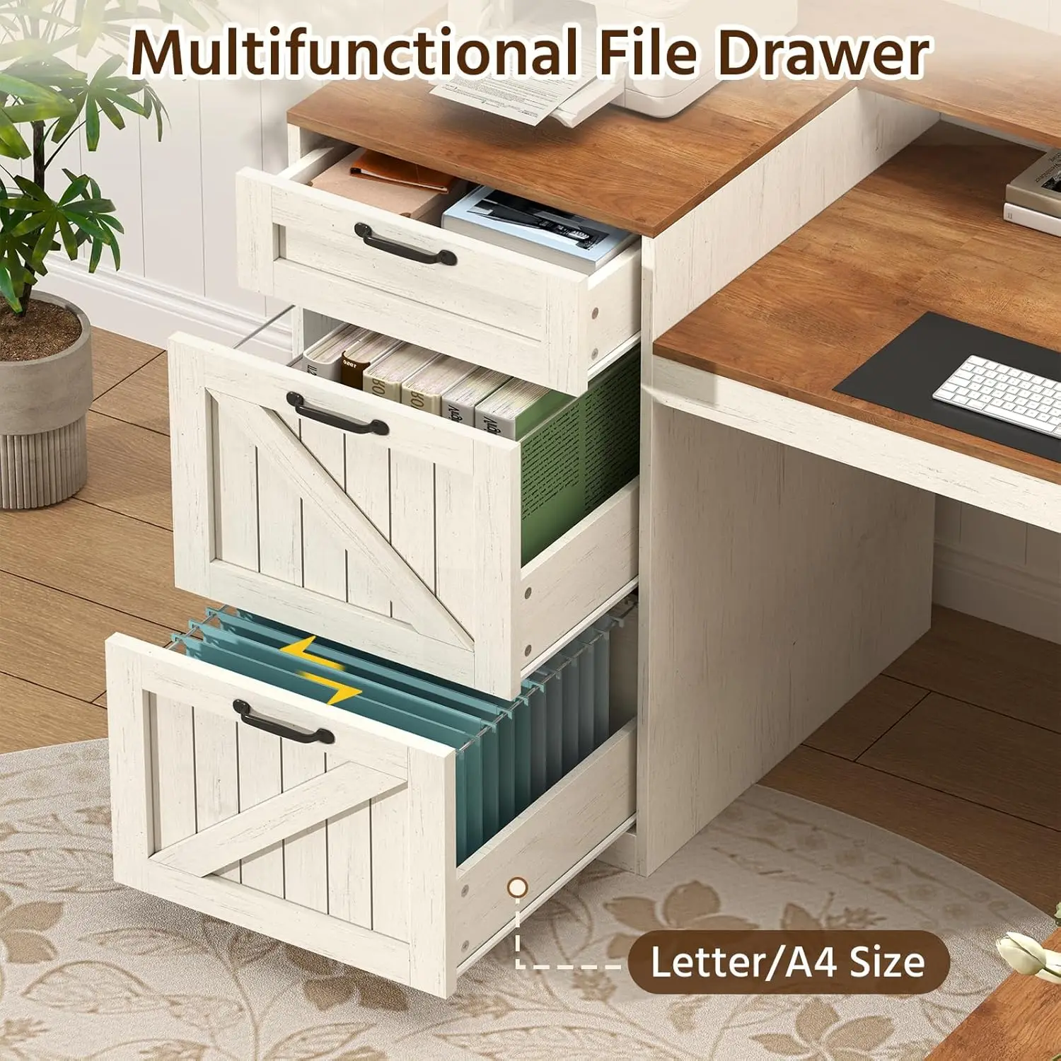 L-Shaped Wood Desk with Drawers, Storage Shelves & Outlet, 59' Antique White Corner Office Desk
L-Shaped Wood Desk with Drawers, Storage Shelves & Outlet, 59' Antique White Corner Office Desk