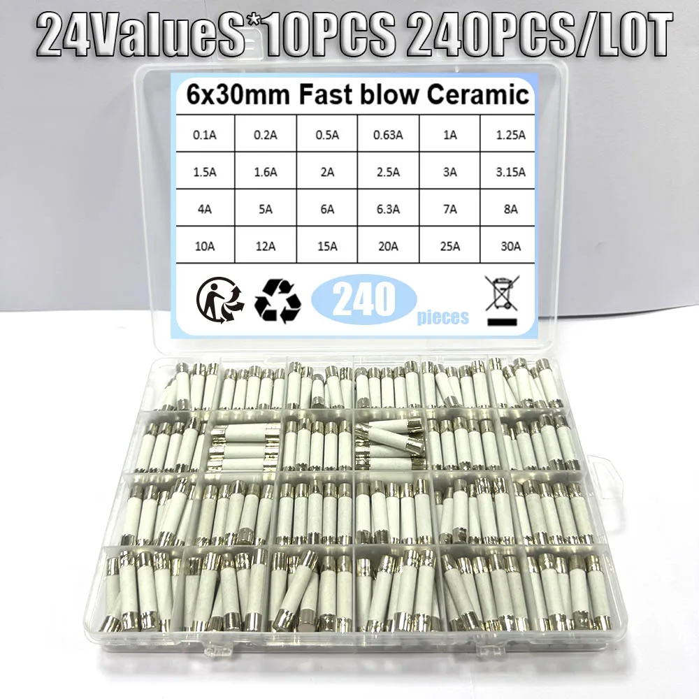 240 шт./кор. 24 значения, 6x30 мм, быстродействующий керамический предохранитель 250 В, 0,1 А, 0,2 А, 0,5 А, 1 А, 1,5 А, 2 А, 2,5 А, 3 А, 3,15 А, 4 А, 5 А, 6 А, 10 А, 15 А, 20 А, 25 А, 30 А
240 шт./кор. 24 значения, 6x30 мм, быстродействующий керамический предохранитель 250 В, 0,1 А, 0,2 А, 0,5 А, 1 А, 1,5 А, 2 А, 2,5 А, 3 А, 3,15 А, 4 А, 5 А, 6 А, 10 А, 15 А, 20 А, 25 А, 30 А
