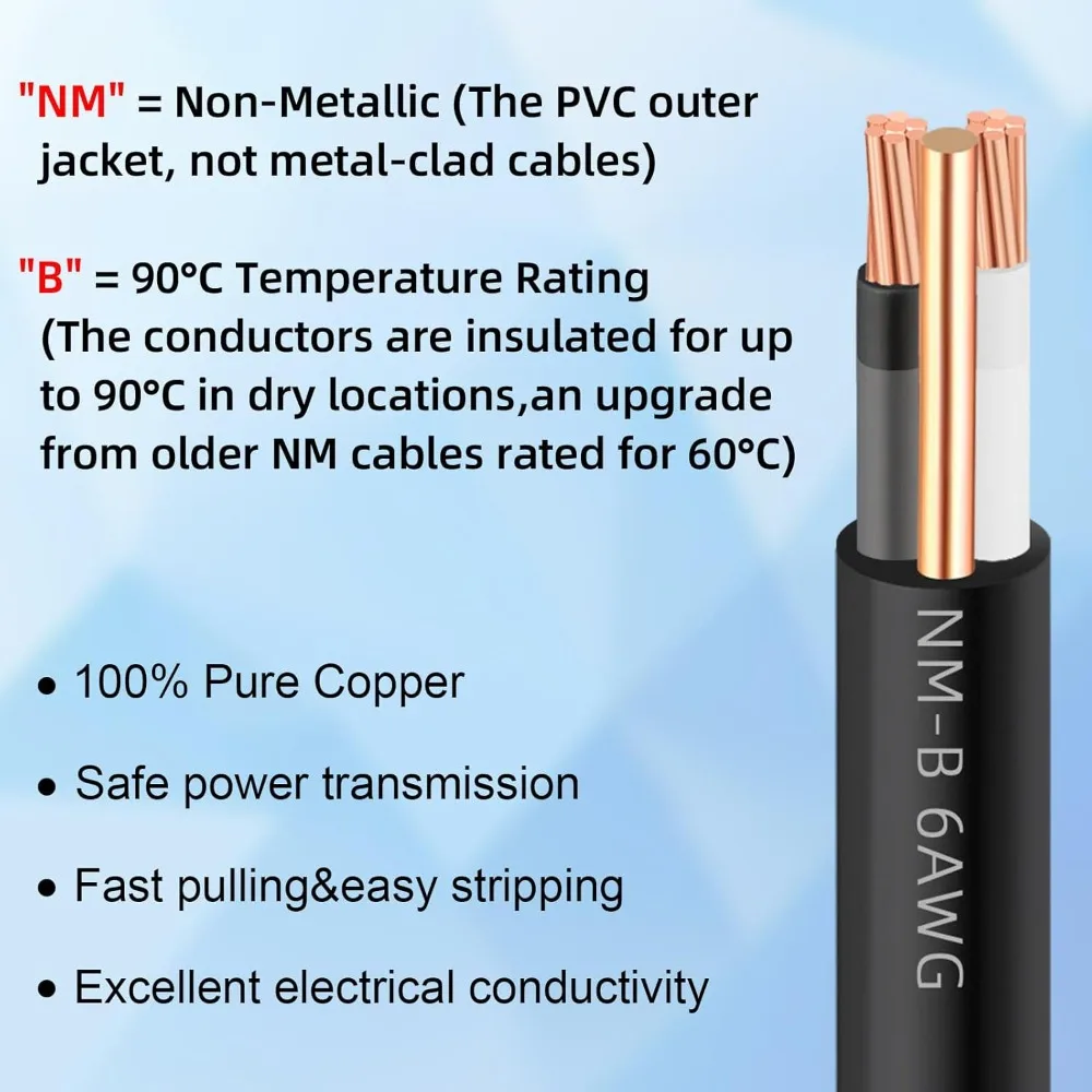 6 AWG 6/2 NM-B Copper Non-Metallic Sheathed Cable 35 Feet with Ground Stranded Wire for Indoor Electrical Branch Circuit
6 AWG 6/2 NM-B Copper Non-Metallic Sheathed Cable 35 Feet with Ground Stranded Wire for Indoor Electrical Branch Circuit
