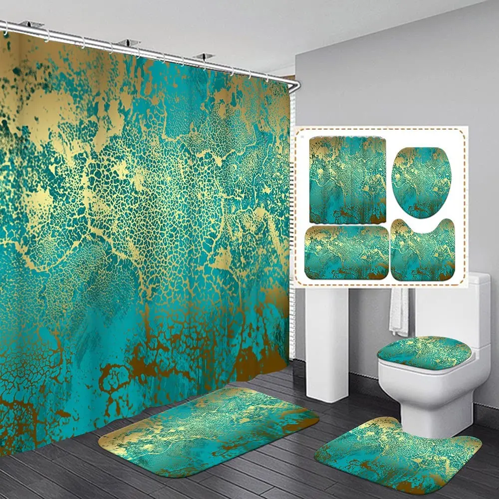 Teal Green Abstract Shower Curtain Set Non-Slip Rug Toilet Lid Cover Bath Mat Vintage Turquoise Marble Bath Curtains with Hooks
Teal Green Abstract Shower Curtain Set Non-Slip Rug Toilet Lid Cover Bath Mat Vintage Turquoise Marble Bath Curtains with Hooks