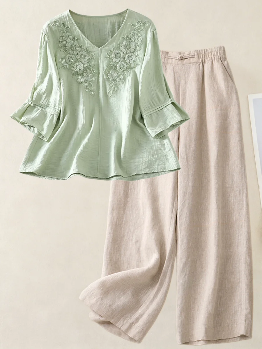 Elegant High-End V-Neck Embroidered Shirt Casual Wide Leg Pants Cotton Linen Two-Piece Set Summer Fashion Casual Ensemble
Elegant High-End V-Neck Embroidered Shirt Casual Wide Leg Pants Cotton Linen Two-Piece Set Summer Fashion Casual Ensemble