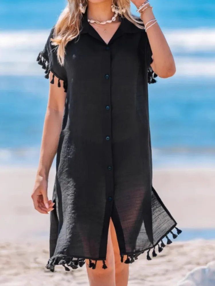 Fashion Black Tassel Dress For Women Casual Short Sleeve Turn-down Collar Button Shirt Dresses Lady Holiday Beach Party Skirts
Fashion Black Tassel Dress For Women Casual Short Sleeve Turn-down Collar Button Shirt Dresses Lady Holiday Beach Party Skirts