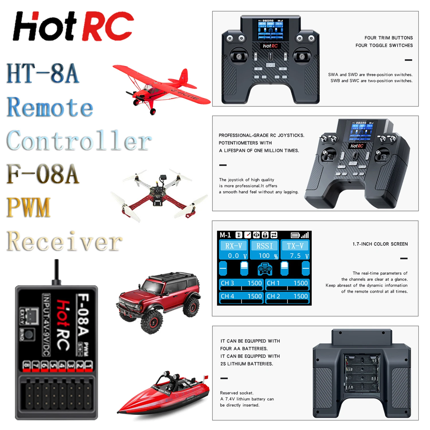 HOTRC Transmitter 2.4G 8CH FHSS HT-8A Remote Controller 1.7in Color Screen and CH8 PWM F-08A Receiver For RC Car Boat Plane Tank
HOTRC Transmitter 2.4G 8CH FHSS HT-8A Remote Controller 1.7in Color Screen and CH8 PWM F-08A Receiver For RC Car Boat Plane Tank