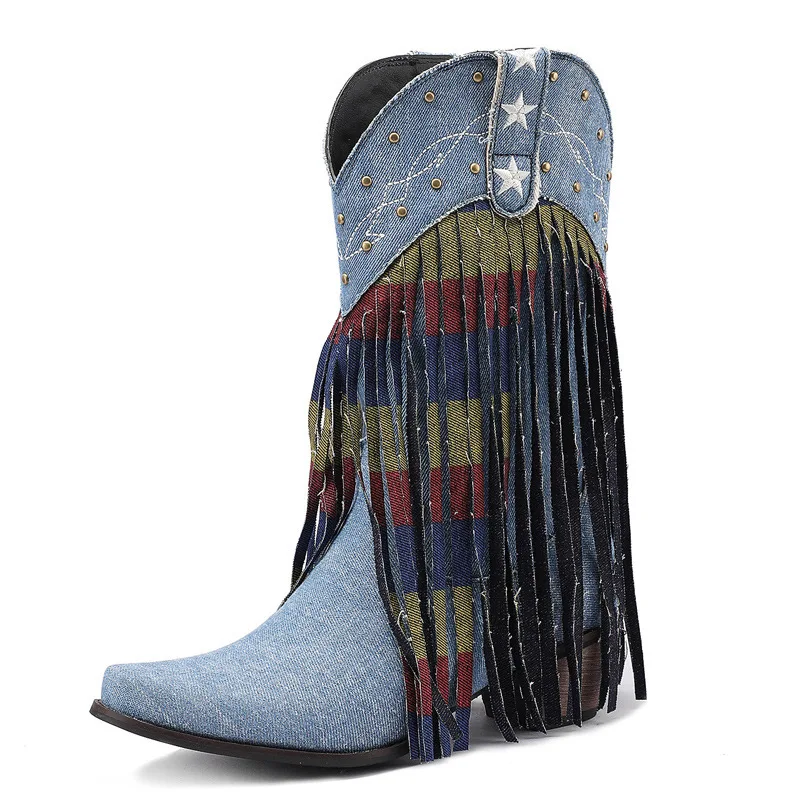 Mid-heel embroidered ladies western cowboy boots mid-boot rivet large size tassel boots for women
Mid-heel embroidered ladies western cowboy boots mid-boot rivet large size tassel boots for women