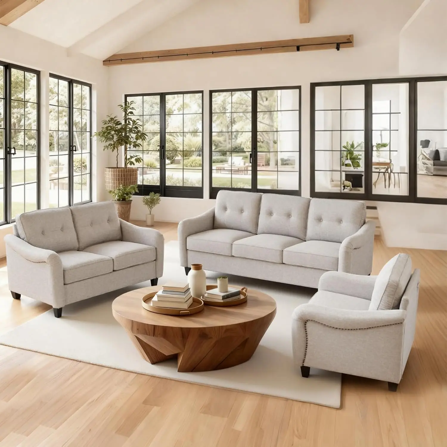 3 Seat Sofa & Loveseat Set Linen Upholstered Tufted Back Curved Arms Nailhead Trim Living Room Furniture Beige, Customized
3 Seat Sofa & Loveseat Set Linen Upholstered Tufted Back Curved Arms Nailhead Trim Living Room Furniture Beige, Customized