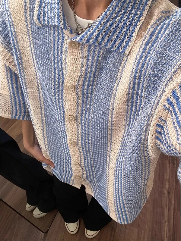 American Sle Haome Contrast Color Hollow ort Sve irt Men Summer Trendy Loose Collar Thin Knitted Outerwear
American Sle Haome Contrast Color Hollow ort Sve irt Men Summer Trendy Loose Collar Thin Knitted Outerwear