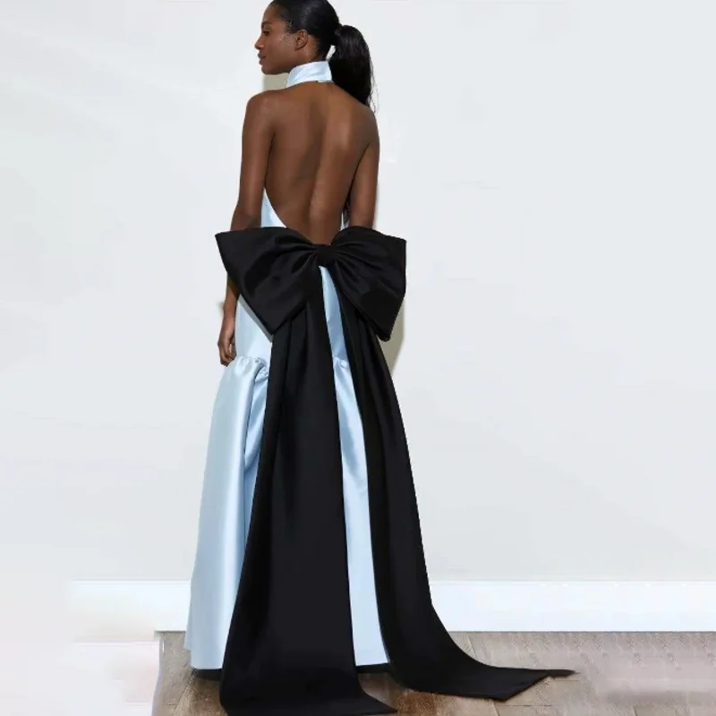 Sky Blue Black Bow Long Maxi Gowns Satin Pleated Backless Women's Dresses Big Bow Open Back Sexy Prom Gowns A-line Sleeveless
Sky Blue Black Bow Long Maxi Gowns Satin Pleated Backless Women's Dresses Big Bow Open Back Sexy Prom Gowns A-line Sleeveless