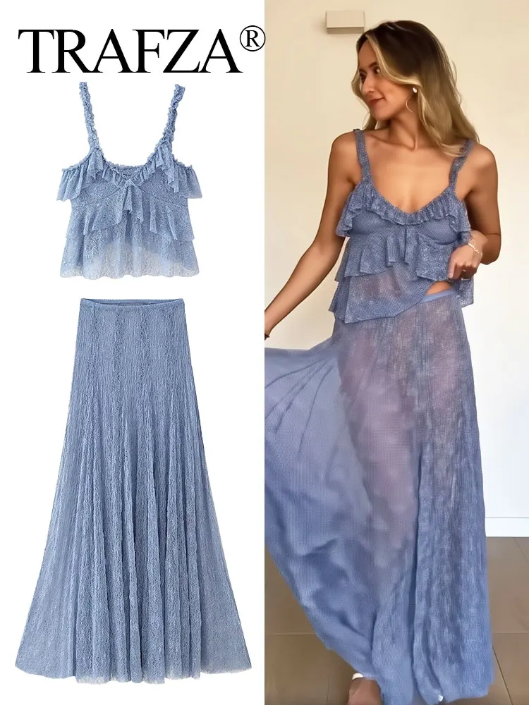 TRAFZA Summer Women's Solid Sexy Suit Sleeveless Lace laminated Sling Top+Pleated A-line Elastic Waist Midi Skirt Elegant Set
TRAFZA Summer Women's Solid Sexy Suit Sleeveless Lace laminated Sling Top+Pleated A-line Elastic Waist Midi Skirt Elegant Set