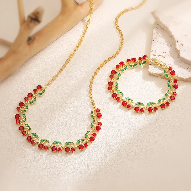 HECHENG,Wine Red Cherry Golden Pendant Necklace Bracelet Women's Personalized Collarbone Chain Jewelry Birthday Gift
HECHENG,Wine Red Cherry Golden Pendant Necklace Bracelet Women's Personalized Collarbone Chain Jewelry Birthday Gift