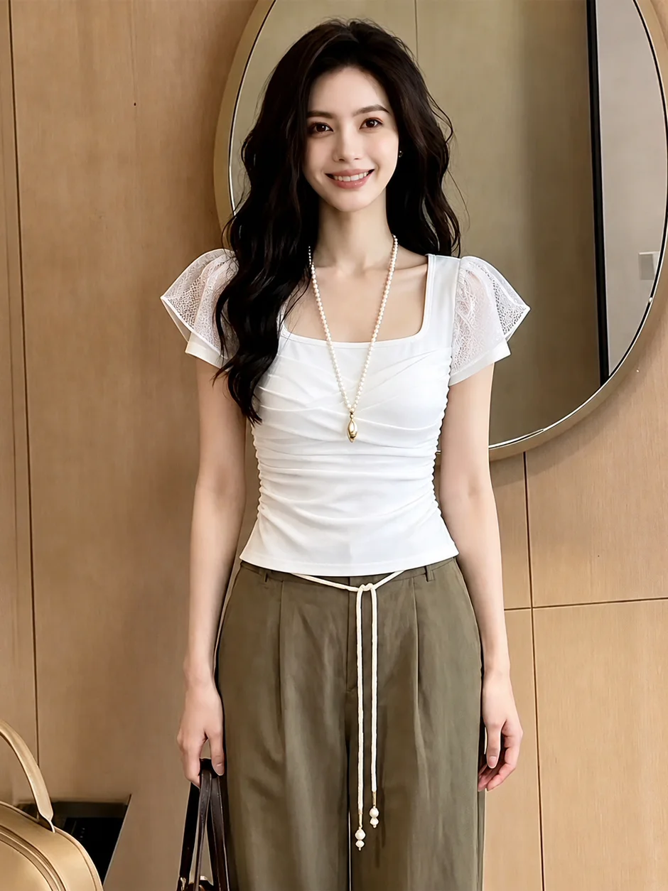 Summer Elegant Short Sleeve T-Shirt Women's Fashion Gauze Splice Square Collar Slim Fit Pleated Versatile Top Casual Style
Summer Elegant Short Sleeve T-Shirt Women's Fashion Gauze Splice Square Collar Slim Fit Pleated Versatile Top Casual Style