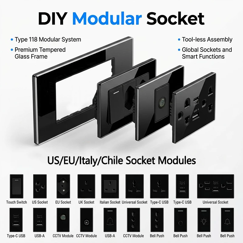 Tempered Glass 2x4 inch DIY Modular Wall Plate NEMA 5-15R Duplex Outlet US/EU/Italy/Chile Interchangeable Socket Modules
Tempered Glass 2x4 inch DIY Modular Wall Plate NEMA 5-15R Duplex Outlet US/EU/Italy/Chile Interchangeable Socket Modules