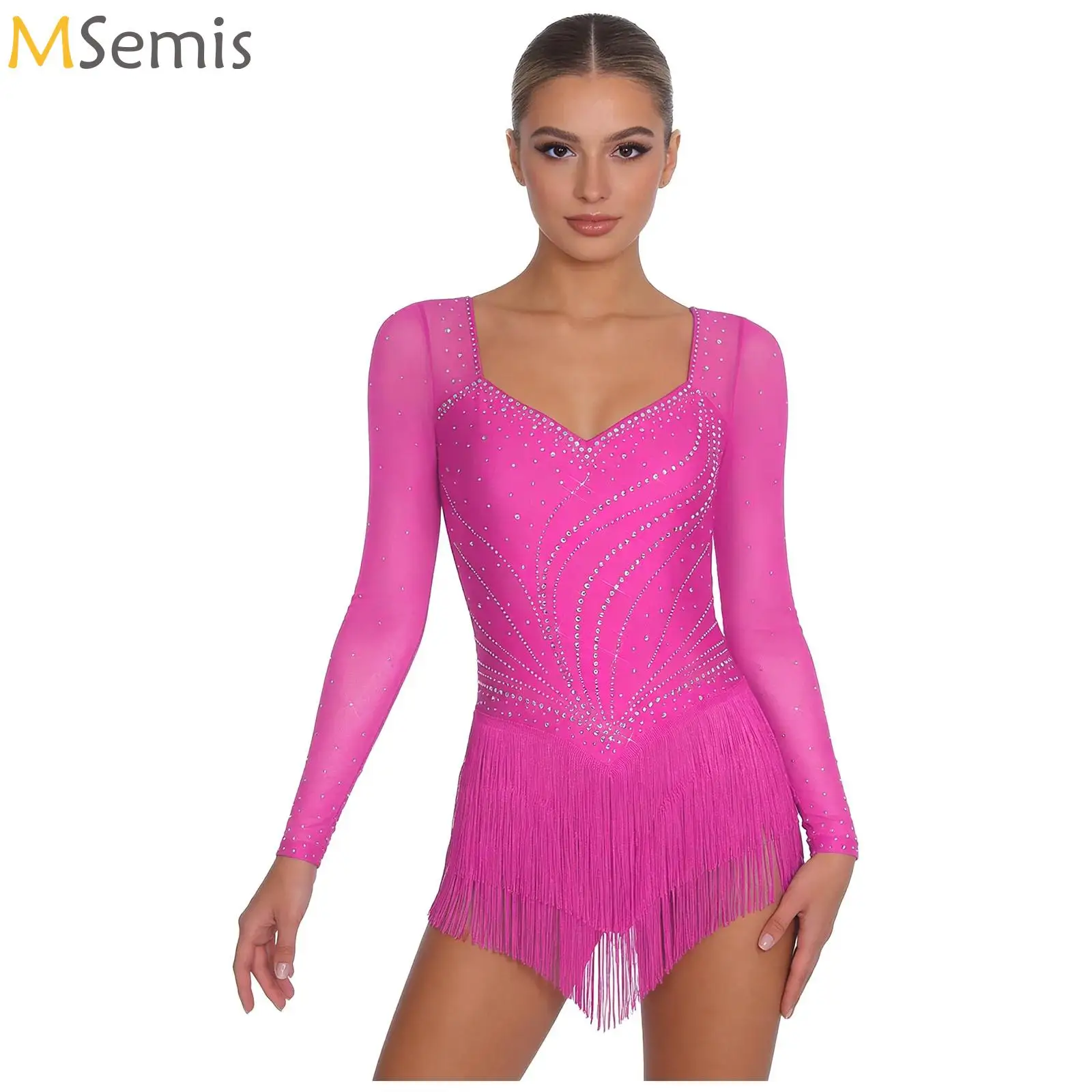 Женский боди для латинских танцев со стразами, сетчатый комбинезон с длинными рукавами и ремешками и кисточками по подолу, трико для фигурного катания, танго, румбы
Женский боди для латинских танцев со стразами, сетчатый комбинезон с длинными рукавами и ремешками и кисточками по подолу, трико для фигурного катания, танго, румбы