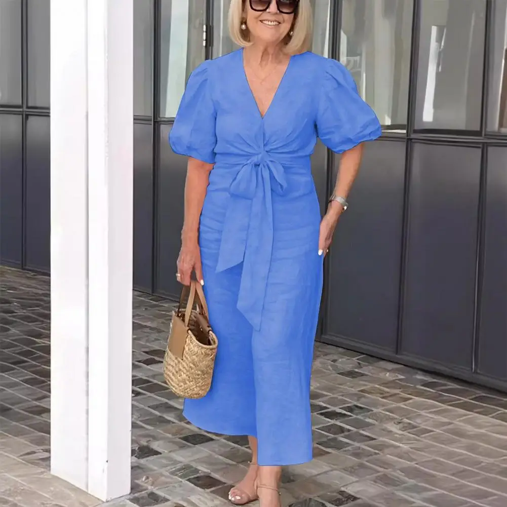Women Summer Dress Bubble Sleeve Lace-up Slim Waist Bow Solid Color V Neck A-line Loose Commute Daily Wear Midi Dress
Women Summer Dress Bubble Sleeve Lace-up Slim Waist Bow Solid Color V Neck A-line Loose Commute Daily Wear Midi Dress