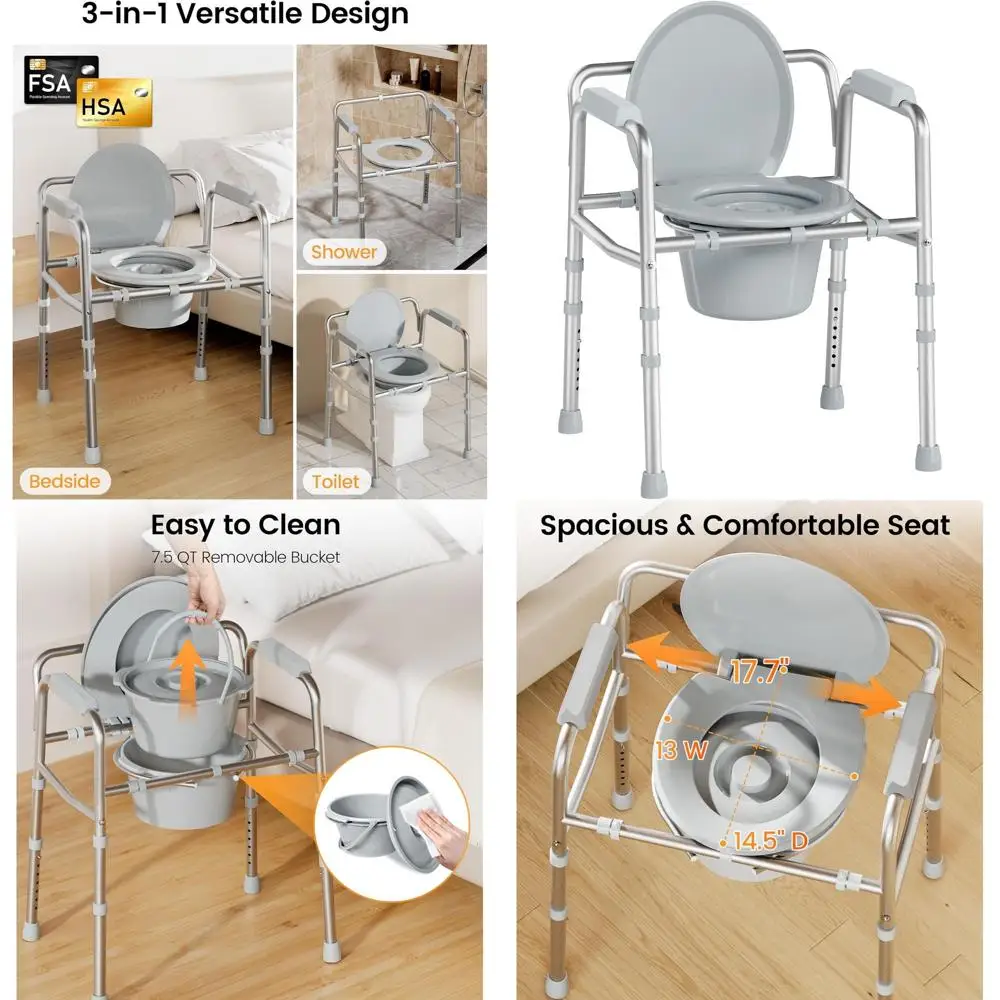 3-in-1 Folding Chair with Dual Support Bars, Up to 350 lbs Capacity, Portable Potty Seat for Adults, Silver
3-in-1 Folding Chair with Dual Support Bars, Up to 350 lbs Capacity, Portable Potty Seat for Adults, Silver