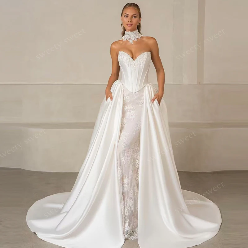 Detachable Train Wedding Dress Organza With Embroidery Satin Mermaid Ballgown Sleeveless Strapless Customized Bridedress Lace Up
Detachable Train Wedding Dress Organza With Embroidery Satin Mermaid Ballgown Sleeveless Strapless Customized Bridedress Lace Up