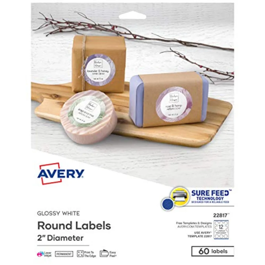 Printable Round Labels, Sure Feed Technology, 2" Diameter, Glossy White, Laser and Inkjet Compatible, 60 Blank Labels Total, Gr
Printable Round Labels, Sure Feed Technology, 2" Diameter, Glossy White, Laser and Inkjet Compatible, 60 Blank Labels Total, Gr