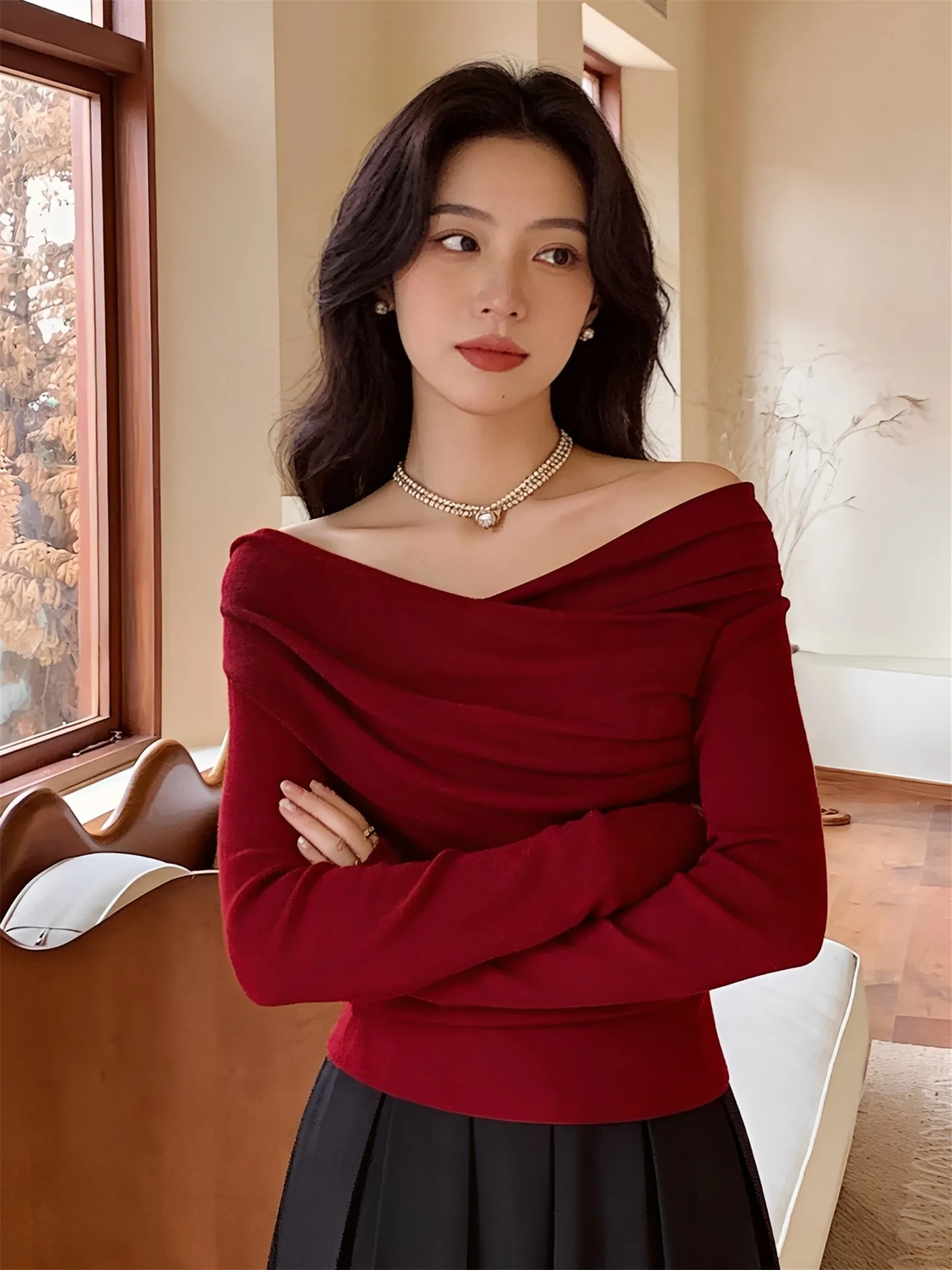 Red Knitted One-oulder Slim Fit T-irt Spring Lightweight V-Ne Base irt Top for Women Luy Year New Year Asymmetrical
Red Knitted One-oulder Slim Fit T-irt Spring Lightweight V-Ne Base irt Top for Women Luy Year New Year Asymmetrical