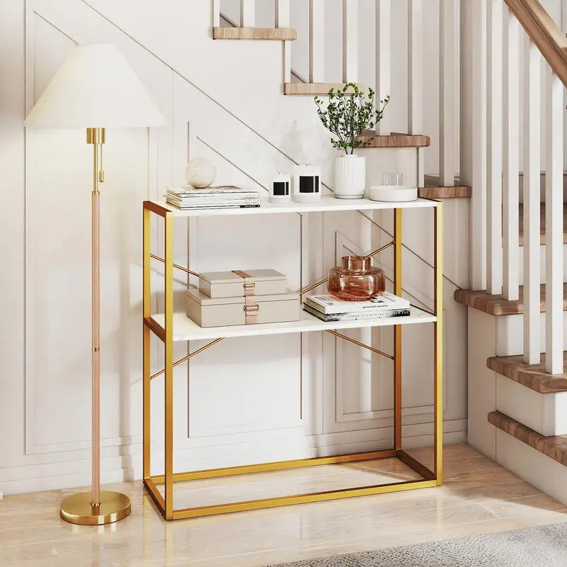 36" Console Table 2-Tier Entryway Table with Wooden Open Shelves and Metal Frame-White
36" Console Table 2-Tier Entryway Table with Wooden Open Shelves and Metal Frame-White